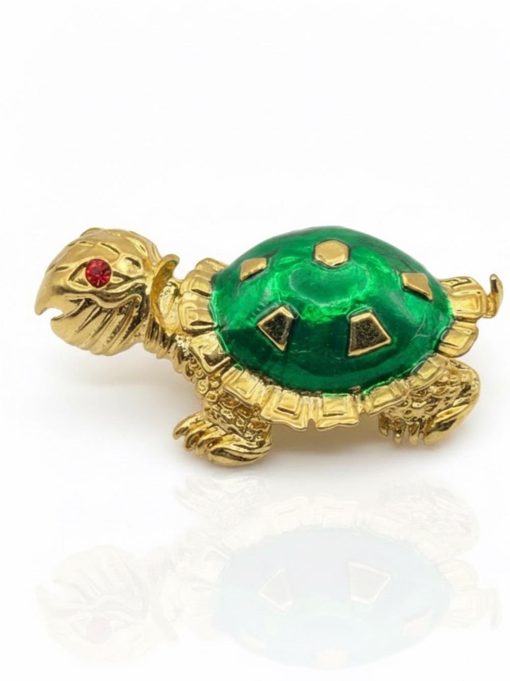 Vintage Signed Covani Gold Tone Green Enamel Turtle Brooch Pin 80s 90s